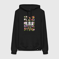 Толстовка-худи хлопковая женская Позволь себе расцвести разные цветы ботаника аквар, цвет: черный