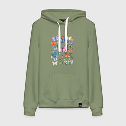 Толстовка-худи хлопковая женская Волшебные бабочки акварелью, цвет: авокадо