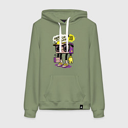 Толстовка-худи хлопковая женская Ретро магнитофон в очках и бейсболке, цвет: авокадо