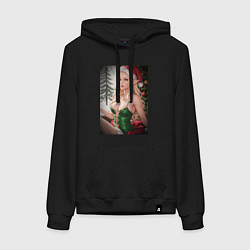 Толстовка-худи хлопковая женская Новогодняя эльфийка, цвет: черный