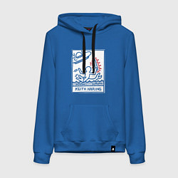 Толстовка-худи хлопковая женская Кит Харинг НЛО - картина поп арт, цвет: синий