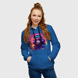 Толстовка-худи хлопковая женская Обезьяна в наушниках и куртке, цвет: синий — фото 2
