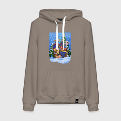 Толстовка-худи хлопковая женская Кибердеревня роботы новый год, цвет: утренний латте