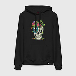 Толстовка-худи хлопковая женская Психоделический череп с грибами, цвет: черный
