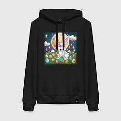 Толстовка-худи хлопковая женская Зайчик ботаник, цвет: черный