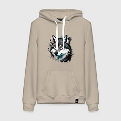 Толстовка-худи хлопковая женская Портрет волка с брызгами краски, цвет: миндальный