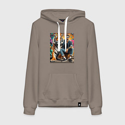 Толстовка-худи хлопковая женская Чувак хипстер с тигром - нейросеть, цвет: утренний латте