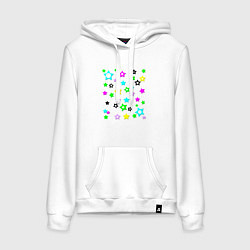 Толстовка-худи хлопковая женская Разноцветные неоновые звезды, цвет: белый