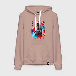 Толстовка-худи хлопковая женская Японский самурай - акварель, цвет: пыльно-розовый