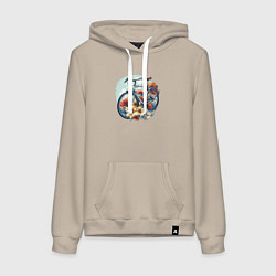 Толстовка-худи хлопковая женская Велосипед в цветах, цвет: миндальный