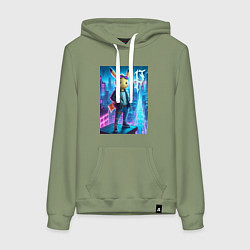 Толстовка-худи хлопковая женская Чувак Пикачу в мегаполисе - урбан нейроарт, цвет: авокадо