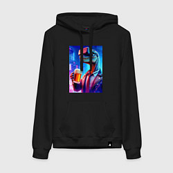 Толстовка-худи хлопковая женская Пивозавр в виртуальных очках - нейроарт, цвет: черный