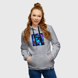 Толстовка-худи хлопковая женская Неоновый крутой пивозавр - нейроарт, цвет: меланж — фото 2