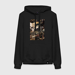 Толстовка-худи хлопковая женская Шахматы коллаж, цвет: черный