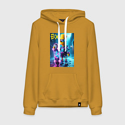 Толстовка-худи хлопковая женская Скейтбордист Барт Симпсон в ночном городе под дожд, цвет: горчичный