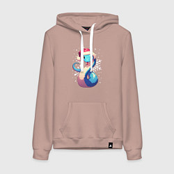 Толстовка-худи хлопковая женская Синяя змея с снежинками, цвет: пыльно-розовый
