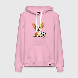 Толстовка-худи хлопковая женская Корги с футбольным мячом, цвет: светло-розовый