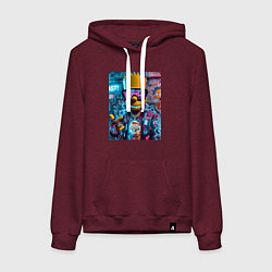 Толстовка-худи хлопковая женская Неоновый Барт Симпсон на фоне стены с граффити, цвет: меланж-бордовый