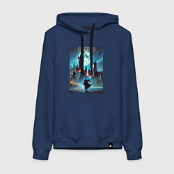 Толстовка-худи хлопковая женская Nightly Hogwarts - neon glow, цвет: тёмно-синий