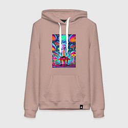 Толстовка-худи хлопковая женская Рик среди неоновых грибов - нейроарт фантазия, цвет: пыльно-розовый