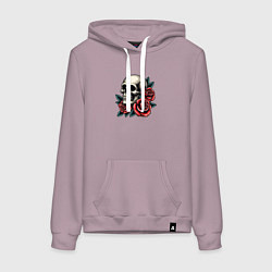 Толстовка-худи хлопковая женская Череп с красными розами и листьями, цвет: сиреневый