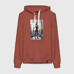 Толстовка-худи хлопковая женская Инопланетянин в городе будущего, цвет: кирпичный