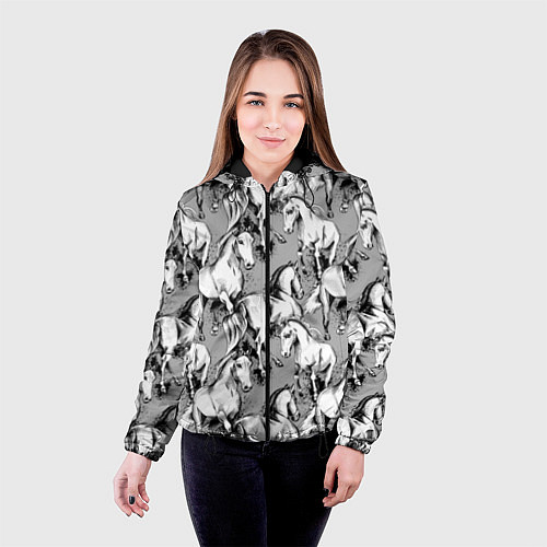 Женская куртка Белые лошади - паттерн / 3D-Черный – фото 4