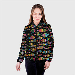Куртка с капюшоном женская Разноцветные рыбы - черный фон, цвет: 3D-черный — фото 2