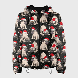 Куртка с капюшоном женская Новогодние мопсы, цвет: 3D-черный