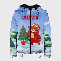 Куртка с капюшоном женская Бык наряжает елочку, цвет: 3D-черный