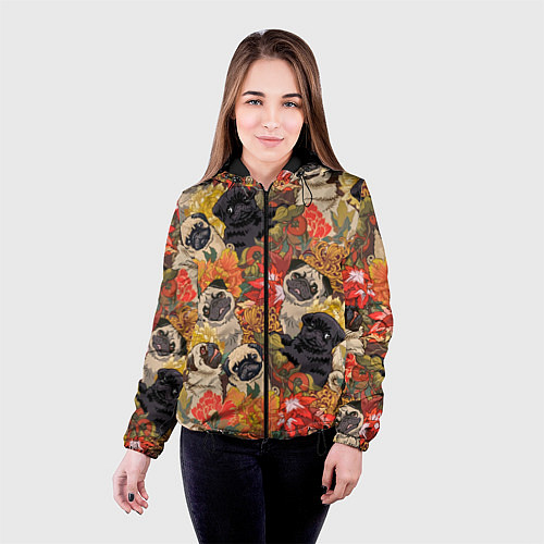 Женская куртка Мопсики Цветочки / 3D-Черный – фото 4