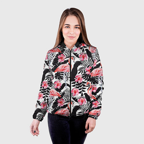 Женская куртка Фламинго и попугаи / 3D-Черный – фото 4