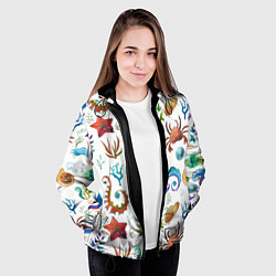 Куртка с капюшоном женская Морской паттерн с крабами и водорослями, цвет: 3D-черный — фото 2