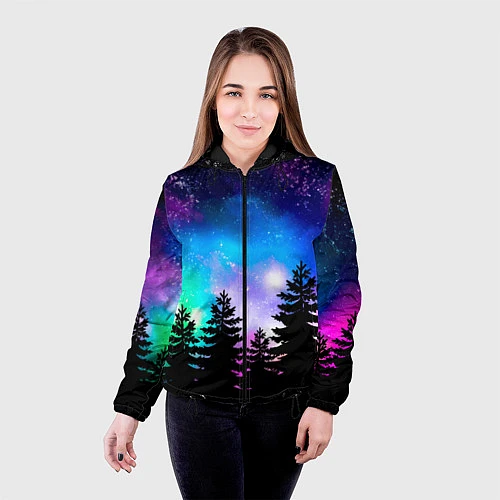 Женская куртка Космический лес, елки и звезды / 3D-Черный – фото 4