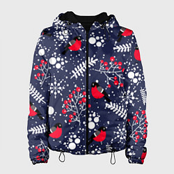 Куртка с капюшоном женская Снегири и рябина, цвет: 3D-черный