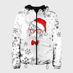 Куртка с капюшоном женская Новогодний тигр летящие снежинки, цвет: 3D-черный
