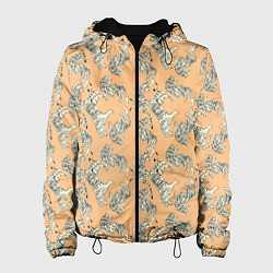 Куртка с капюшоном женская Тигры на оранжевом паттерн, цвет: 3D-черный