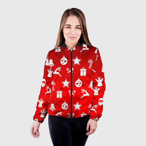 Женская куртка Новогодний узор красный градиент / 3D-Черный – фото 4