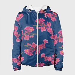 Куртка с капюшоном женская Веточки айвы с розовыми цветами на синем фоне, цвет: 3D-белый