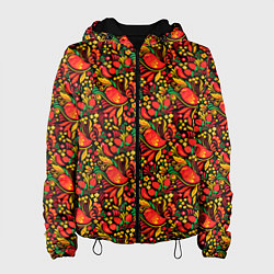 Куртка с капюшоном женская Желтые и красные цветы, птицы и ягоды хохлома, цвет: 3D-черный
