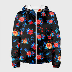 Куртка с капюшоном женская Яркие розы на черном фоне, цвет: 3D-белый
