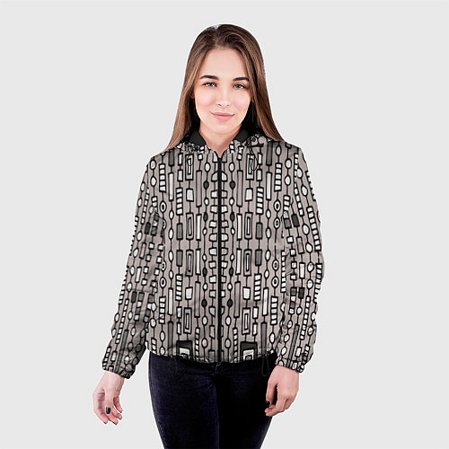 Женская куртка Полосатый геометрический узор Круги, квадраты, лин / 3D-Черный – фото 4