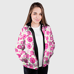 Куртка с капюшоном женская Яркие розовые цветы в дудл стиле, абстракция, цвет: 3D-черный — фото 2