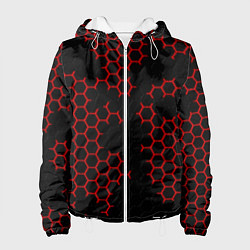 Куртка с капюшоном женская НАНОКОСТЮМ Black and Red Hexagon Гексагоны, цвет: 3D-белый
