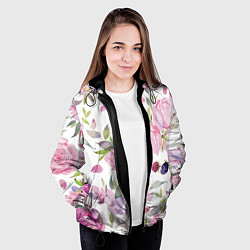 Куртка с капюшоном женская Летний красочный паттерн из цветков розы и ягод еж, цвет: 3D-черный — фото 2