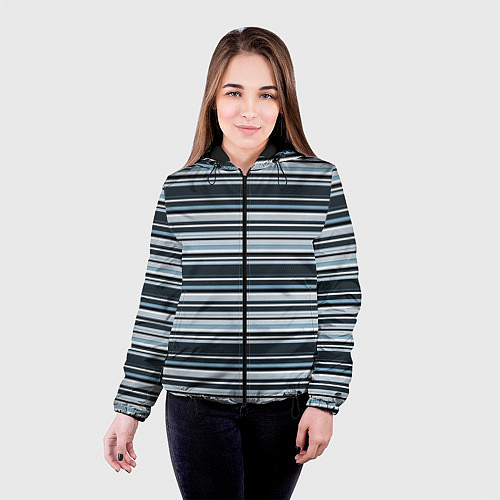 Женская куртка Горизонтальные синие, голубые, белые полосы / 3D-Черный – фото 4