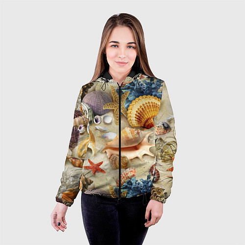 Женская куртка Морские раковины, кораллы, морские звёзды на песке / 3D-Черный – фото 4