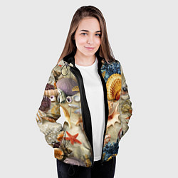 Куртка с капюшоном женская Морские раковины, кораллы, морские звёзды на песке, цвет: 3D-черный — фото 2