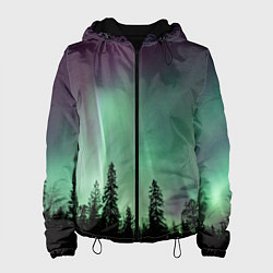 Куртка с капюшоном женская Сияние над лесом, цвет: 3D-черный