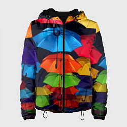 Куртка с капюшоном женская Разноцветные зонтики - композиция, цвет: 3D-черный